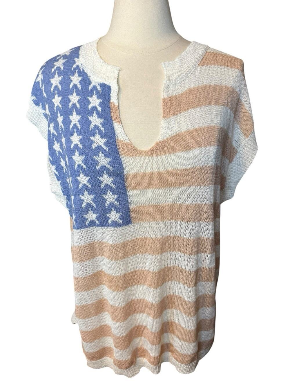 Bibi NEW American Flag Old Glory Open Knit Top Large V-Neck Patriotic